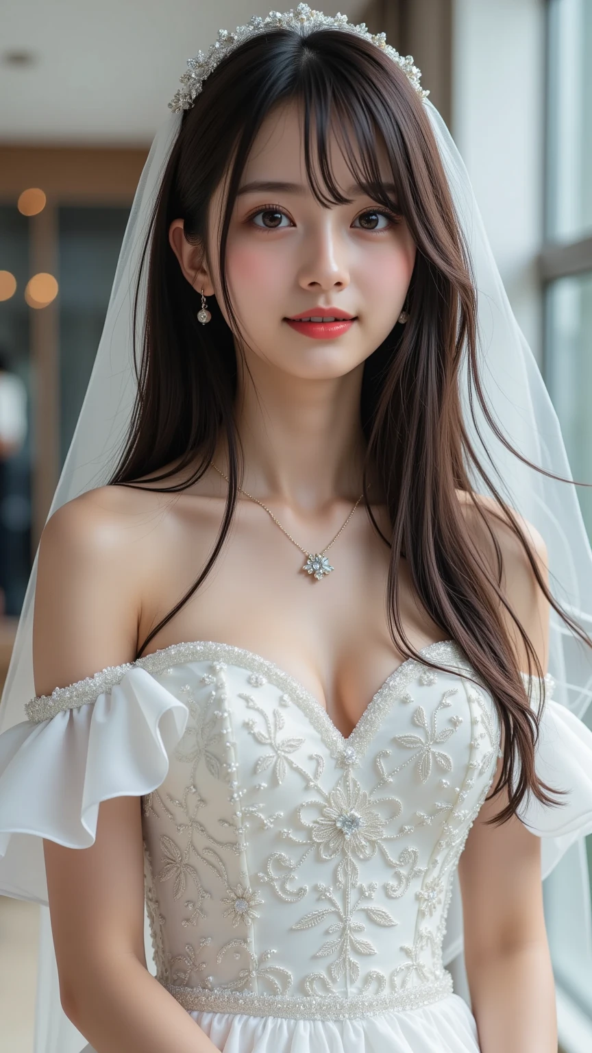 (highest quality,8K,1.1,超詳細なFull Body Shot),(Depth of subject 1.3),(Front body 1.5),Japanese,Beautiful woman,Baby Face,Black long hair,(((Cute face))),A beautiful white long-trace wedding dress that accentuates the cleavage and chest.,Wedding Veil,A large wedding bouquet placed to the side,(((Super busty beauty))),Cleavage,(((Gaze at the viewer))),(((Full Body Shot))),(((Sitting on a bed in a luxurious bedroom)))