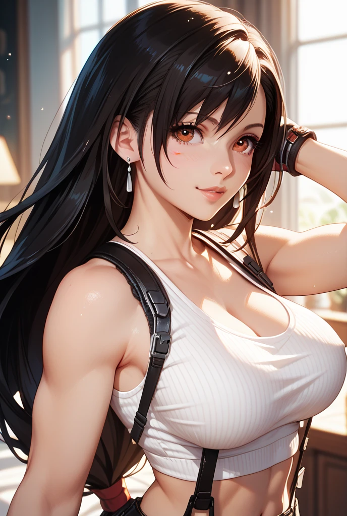 1 girl,白色Vest,黑色Suspenders,Show your armpits,Arms in the head,breast,earrings,肘Gloves,Elbow pads,Gloves,jewelry,大breast,Upper Body,skirt,solo,Suspenders裙,Suspenders,Vest,Tight clothing,tifa lockhart