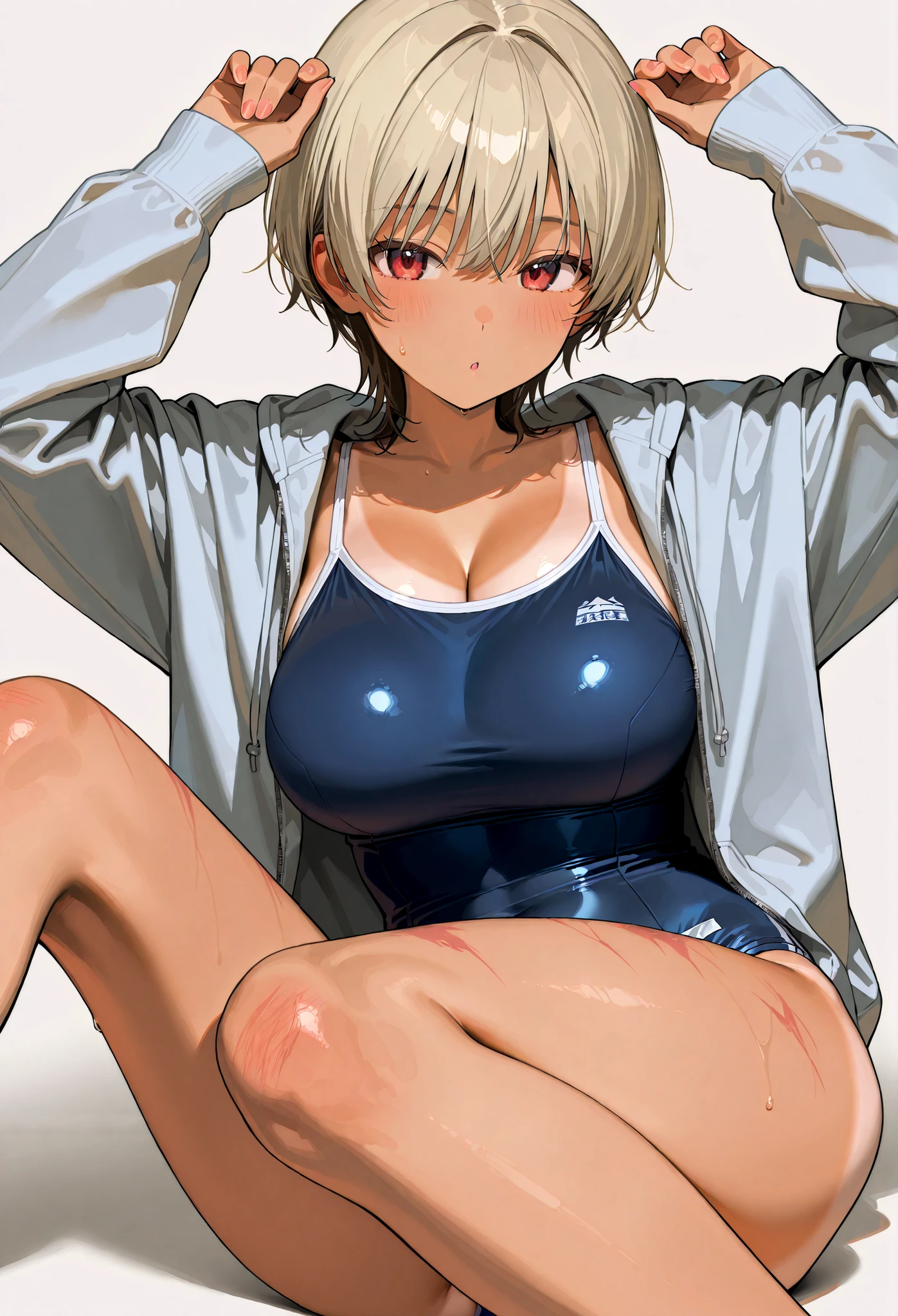 (((masterpiece))),fuyumi itadori, Anime girl characters, 1girl, solo, looking at viewer, medium hair,white hair,blue eyes, long sleeves, cleavage, bigger breasts, closed mouth, collarbone, jacket, open clothes, open jacket, blue jacket, ground vehicle, sports bra, tall girl, ?????, big ass, beautiful face,Charming, Tight-fitting clothing, hd picture, 4k quality, details of the face is so good,