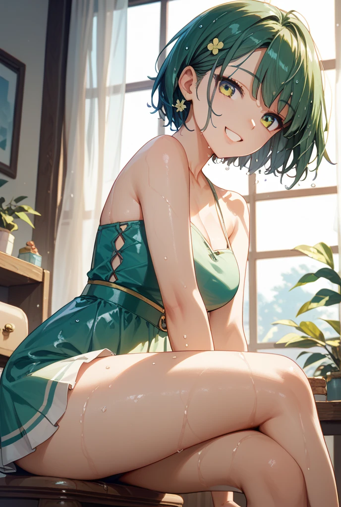masterpiece、1 Girl、(Very small breasts)、(A-cup size breasts)breakperfect face,Expressive eyes、Sensual、cute、break no_Panties 1,break,high quality,Exposed Skin、Yellow-green short hair、Goblins、Delicate and delicate body、Slender body、{Ryurion(danmachi)}、((Perfect and beautiful eyes))、