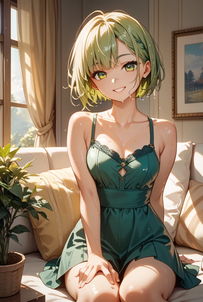 Cute girl with gentle smile, one girl, gentle yellowish green hair, short hair, cat ears, yellowish green eyes.