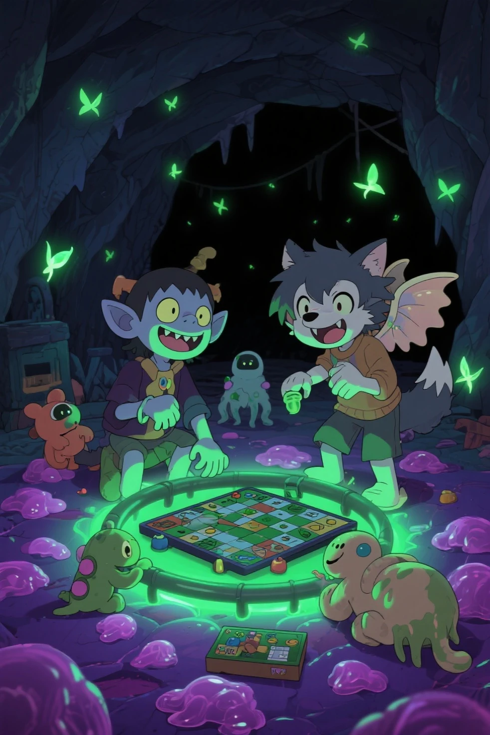 1 curious dragon orcs boy, shota, ((Dragon orcs)), Horns, Rings Around Hand, Wings, (cute face, scheming expressions, cute dragon orbs) show your tail, kneeling, 4k, masterpiece,neon, shaggy neon furry, toddlers, very very cute art