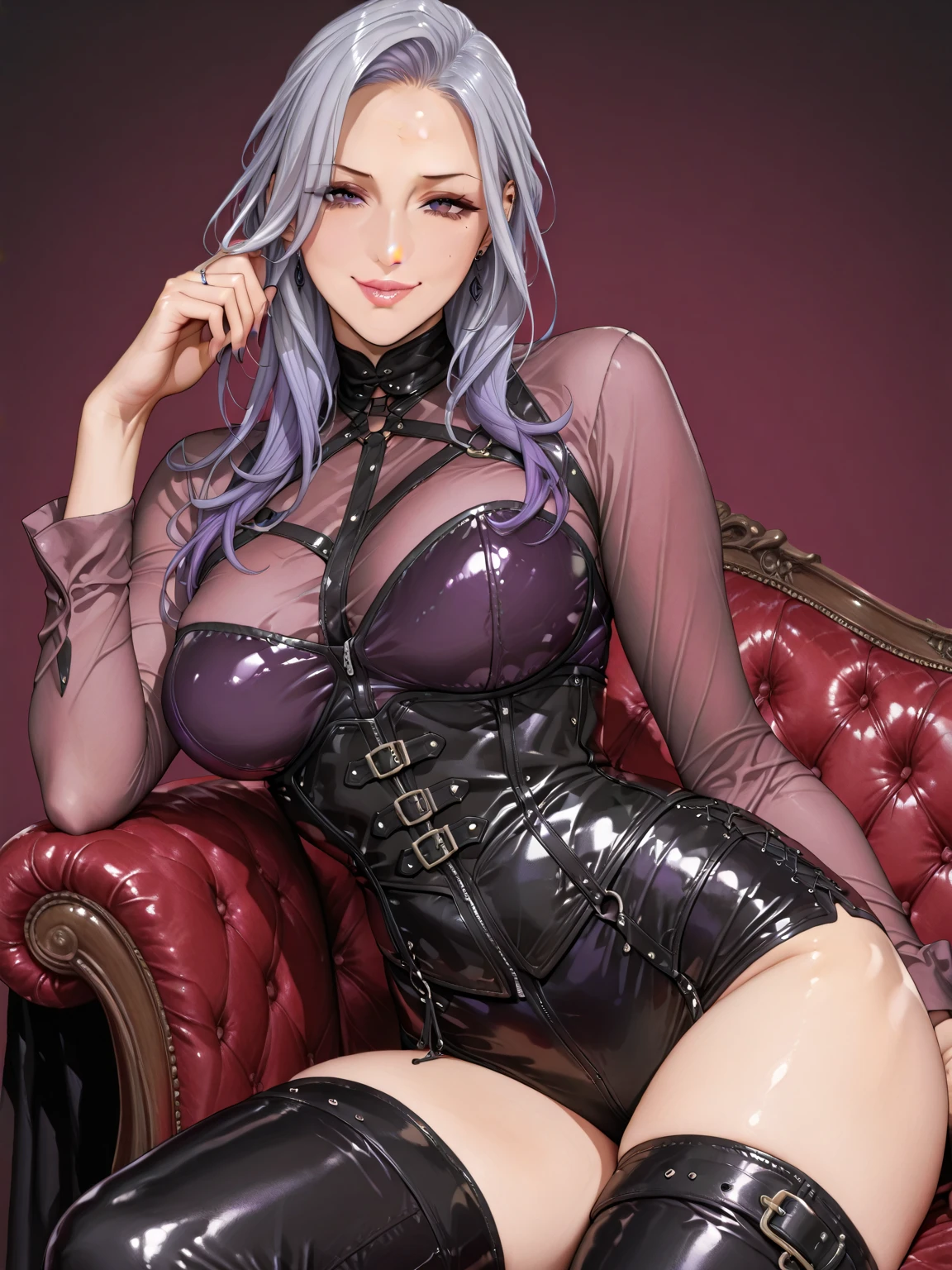 Masterpiece, Beautiful art, professional artist, 8k, Very detailed face, Detailed clothing, detailed fabric, 1 girl, Soul Fullness \(Honkai Impact 3rd\), front view, standing, perfectly drawn body, shy expression, pale skin, beautiful face, short dark blue hair, 4k eyes, very detailed eyes, choker:1.6, (white long sleeve button down shirt with white collar), black gloves, gloves that cover hands, (black leather corset), (shiny black tight mini skirt), Sensual Lips, show details in the eyes, looking at the viewer, elegant room, at night