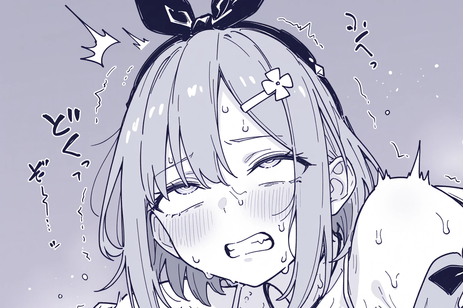 greyscale, monochrome, animal_ears, collar, cat_ears, 1girl, karyl, closed_eyes, detached_sleeves, open_mouth, low_twintails, twintails, blush, long_hair, tears, sweat, multicolored_hair, breasts, cat_girl, small_breasts, solo, animal_ear_fluff, leash, bare_shoulders, upper_body, emphasis_lines, sneezing, navel, underwear, bangs, collarbone, bra, solo_focus, tegaki