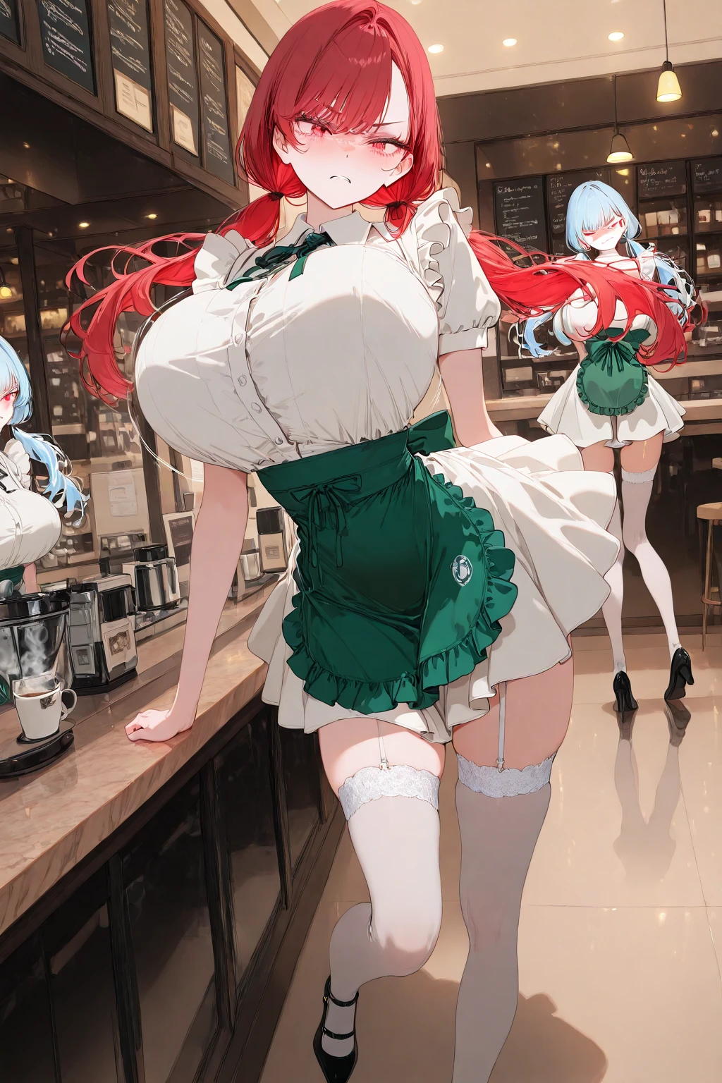 /draw ai_generated curvy_body curvy_female curvy_figure The average cup size female_only huge_breasts looking_at_viewer +maid solo_female solo_focus stable_diffusion waitress orange_hair green_eyes lifts the skirt showing black panties legs in pantyhose --auto