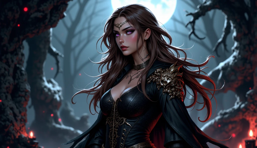 A photorealistic full-body portrait of a seductive and beautiful brunette seductress with devilish features. The seductress has curly hair and captivating blood-colored eyes. She is depicted in a dark fantasy setting, specifically in the depths of hell. The sky above is dark and gloomy, setting a haunting atmosphere. The seductress is adorned in an exotic black and red villain dress, with intricate details and a choker-style collar. The focus of the image should be on capturing the seductress's alluring pose and detailed face. Her expression should exude both allure and danger, reflecting her devilish nature. The lighting should be moody, with shadows adding depth and mystery to the scene. The resolution of the image should be high, allowing for fine details to be showcased."