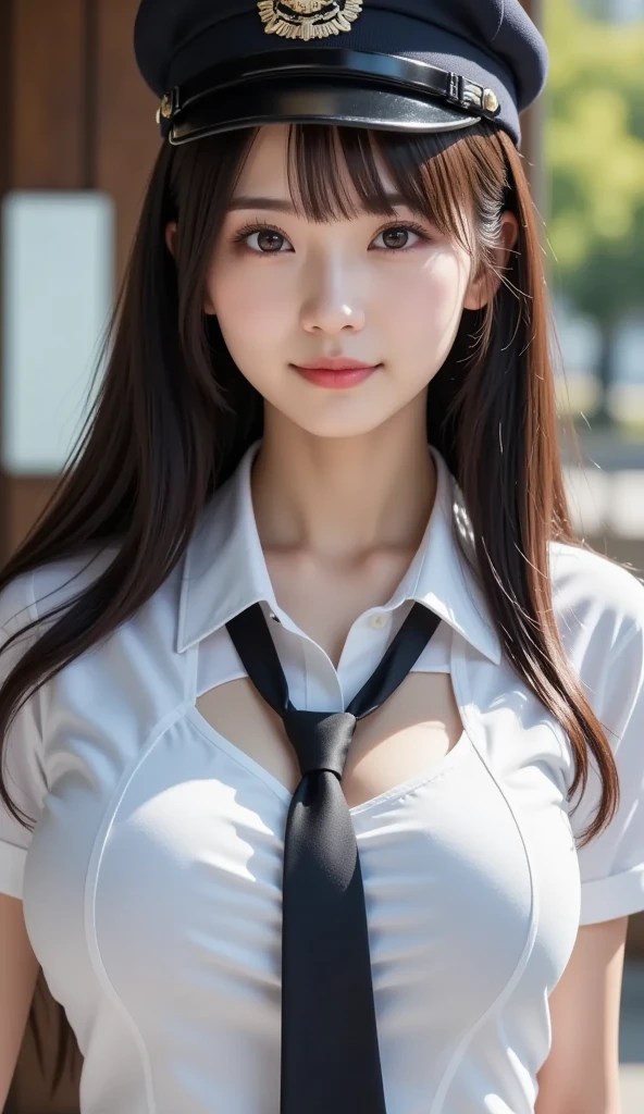 (detailed skin:1.2),(shiny skin:1.1),8k,best quality, masterpiece, ultra high res,(photorealistic:1.4), RAW photo,(soft saturation:1.3),(fair skin:1.2),1woman,gyaru,makeup,(lipstick:1.1),(eyeliner:1.2),mascara,eyeshadow, glamor, large breasts,blonde hair and brown hair, medium hair, asymmetrical hair, wavy hair, asymmetrical bangs,collared white shirt,ribbon tie,knee length pleated skirt