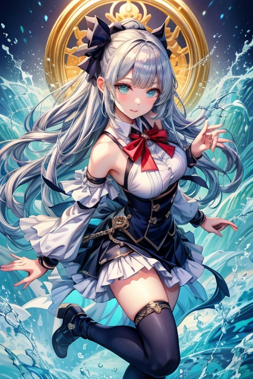 masterpiece, best quality, illustrious \(azur lane\), 1girl, blue eyes, wihte hair, very long hair, hair ornament, breasts, white dress, detached collar, bare shoulders, navel, elbow gloves, mole under eye, white footwear, full body,