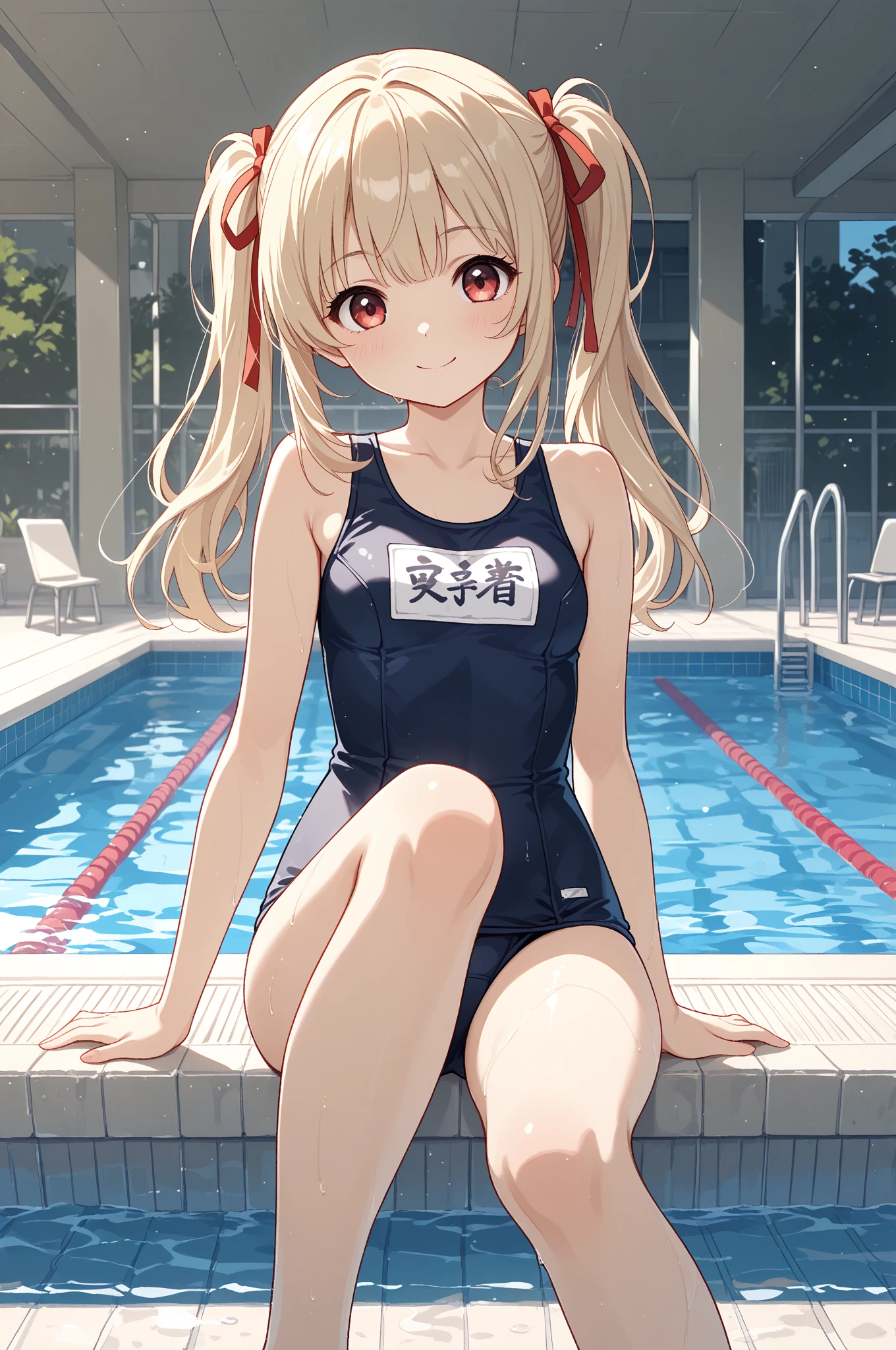 ((2D Beautiful Girl、highest quality、Perfect Finger 1.3、Perfect Anatomy 1.3、Very delicate and beautiful illustration))、pretty girl、(Conversion Sequence)、((Swimwear))、14 years、Slender beautiful girl、Fractal Art、Baby Face、((Straight Long Hair))、Big droopy eyes、Laughter、Full-body display、(1 person)、Long sleeve、School swimming pool、Are standing、