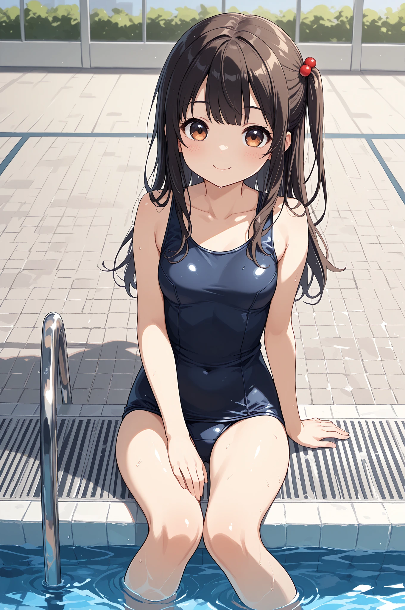 ((masterpiece、4K、8K、highest quality: 1.perfect fingers: 1.perfect anatomy: 1.3、background blur))、((Ultra-detailed facial expressions))、((gym uniform tops、one piece swimsuit、barefoot))、((14 years old、slender、small face、super beautiful girl、brown hair、straight long hair))、beautiful eyes:1.1、happy smile、(full body display、side view、physical education sitting)、blue sky、School、Poolside、