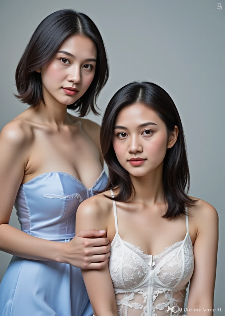 Medium shot, simple plain background, 2 girls, a medium shot of 2 buxom Japanese slaves, wearing low cut sheer robe, shirtless, sleeveless, perky breasts, seductive smile