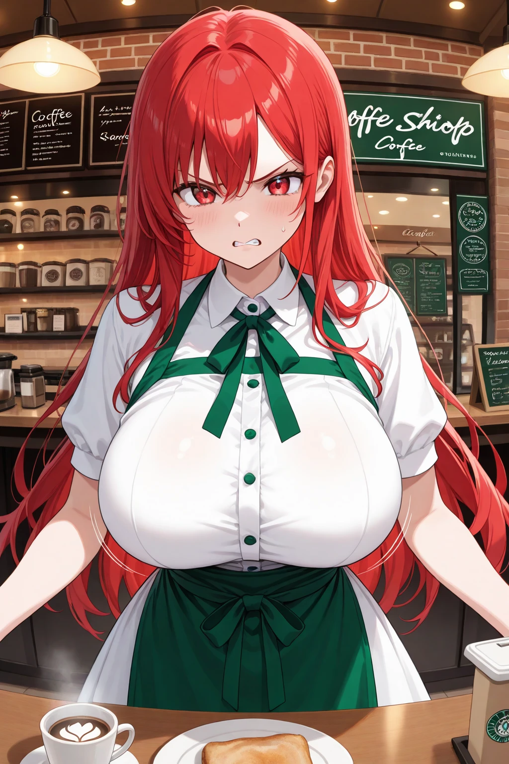 iced_latte_with_breast_milk, red hair, human, Masterpiece, Best Quality, nilou (genshin impact), long hair, bangs, red hair, parted bangs, twintails, nail polish, aqua eyes, very long hair, low twintails, detailed sexy makeup, modern cafe, naked apron, sexy apron, green apron, wet apron, large breasts, milky nipples, bare body, bare legs, coffee bar, backside coffee bar, standing, daring pose, erotic facial expression, erotic pussy, pervert, detailed personality, detailed body, detailed face, covered nipples