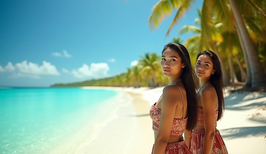 medium shot photo of 2 girls standing on a tropical beach, smiling, best quality masterpiece, photorealistic, detailed, 8k, HDR, shallow depth of field, broad light, high contrast, backlighting, bloom, light sparkles, chromatic aberration, sharp focus, RAW color photo