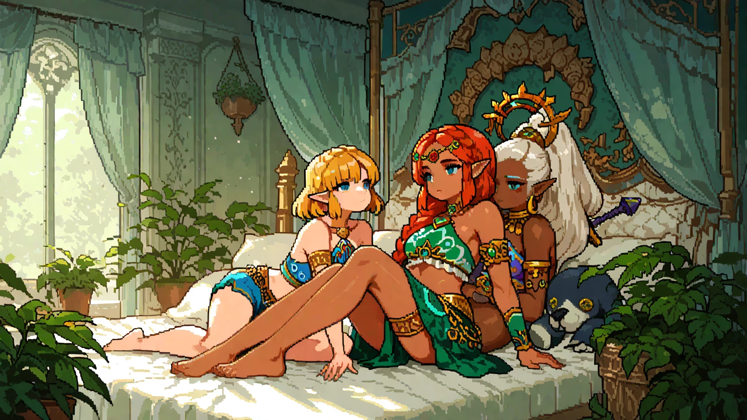 A smug narcissistic pink haired genie woman wearing a golden bra and pink puffy harem pants and lots of jewelry flaunting herself while being pleasured by a harem of girls wearing the same clothes as her with her favorite harem member her sexy sexy favorite toy (A smug harem girl with massive oppai wearing a golden bra and pink puffy pants in a sexy pudica pose she is clearly a favorite among the narcissistic genie woman's harem of sexy lesser genie ladies she's just as narcissistic as her master but more sexually oriented thus being her master's favorite toy she's currently pleasuring her FEMALE genie master wearing the same clothes as she does but with more jewelry, she worships her master and licks her stomach)