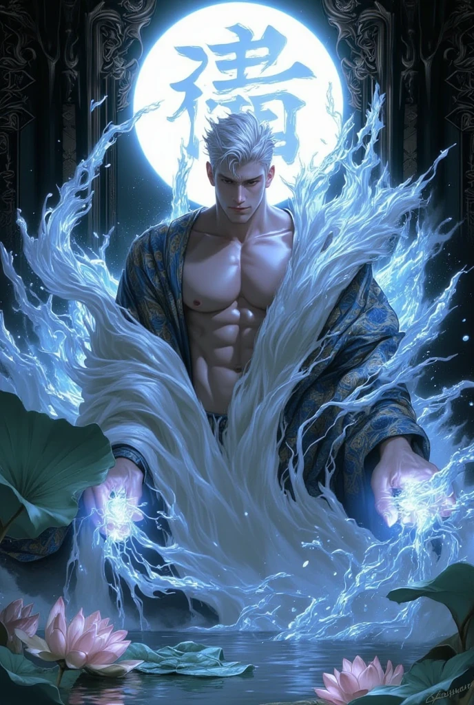 (max resolution: 1.2), (Ultra HDTV: 1.2), 8K resolution, Eye and skin details, face details, , (Sharp focus: 1.2), (Precise focus) face sharp face: 1.2), 1 Sitting boy, (Short hair), White hair, Shirtless, Exposed chest muscles, Six-pack abs, transparent white briefs, Flower lantern, Mid-Autumn Festival, calendar outfit Chinese white hair, (white hair), Starry sky, Full moon, Flying lanterns in the sky, Flying lanterns, Glowing lights
