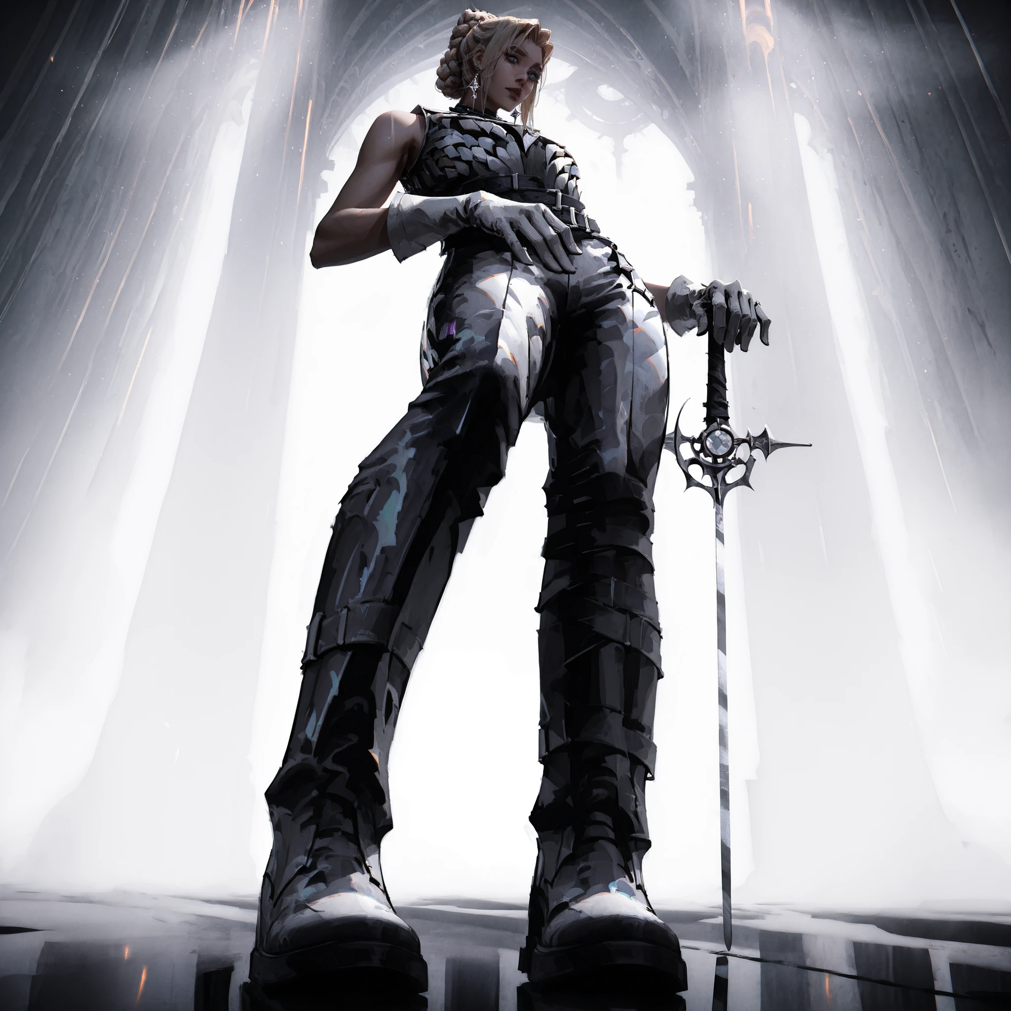 artist: wlop, masterpiece, best quality, illustration,( a young vampire with tan pale skin), medium length blonde hair , sideparted front hair and braided bun, blue eyes, detailed face, wearing form fitting gray and white outfit, wearing leather outfit in gray and white , gray and white gloves, wearing light armor , gray leather boots, gray open sleeveless leather vest , white leather pants, fantasy, perfect anatomy, detailed, lighting, colorful, muscular body, fit body, toned body , ideal ratio body proportions , short , Realistic Shadows, detailed face, detailed eyes, epic, highly detailed, illustration style background, cinematic background, cinematic lighting, detailed eyes, Official Art, face focus, eye focus, high resolution, cinematic, perspective, night , scenery background, pose, 8k, landscape, (official art), （scenography）, （the Extremely Detailed CG Unity 8K Wallpapers）, perfect anatomy, detailxl, SoulFightersStyle-IL.V1.0, SoulFightersStyleSplashArt-IL.V1.0, standing pose, sword with white and gray gemstone on hilt , armored glove, gray white earrings, toned arms, standing, white theme, gray theme, white and gray tones, inside fancy fantasy shop ,
