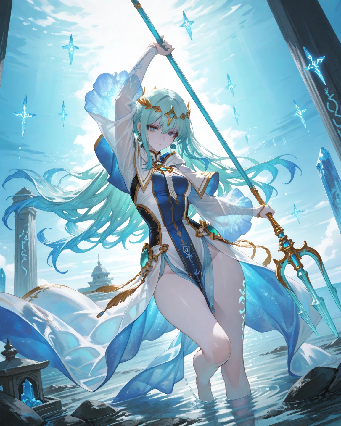 ( high quality , Very detailed, Accurate hands,Accurate Arm,Accurate feet:1.4)Fantasy Clothing,Blue Hair,Long Hair,High heels,Exposed Skin,Highly revealing,Nearly naked,whole body,Without skirt,No cape,No underwear,From below,