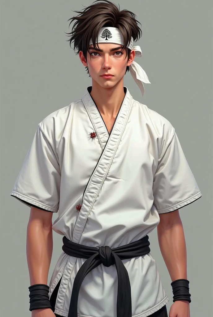 a young man in the story series "Jujutsu kaisen" named "itadori yuji" with a tattooed face, brown eyes, bright red hair, is using the demon domain technique (SUKUNA), and a white kimono shirt, filled with an evil aura colored red, black, with realistic visual effects.