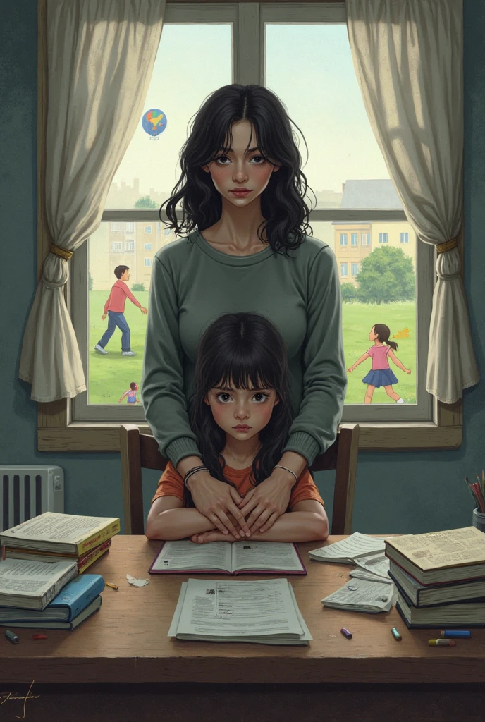 A girl sitting in room, sad face , studing with books, and angry mother of her shouting on her,