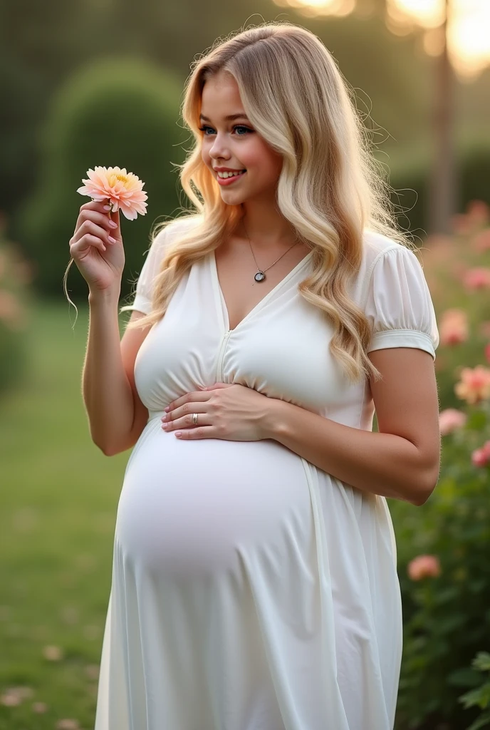 9 months pregnant middle school girl long white hair dark blue eyes wearing white t-shirt and short pink skirt