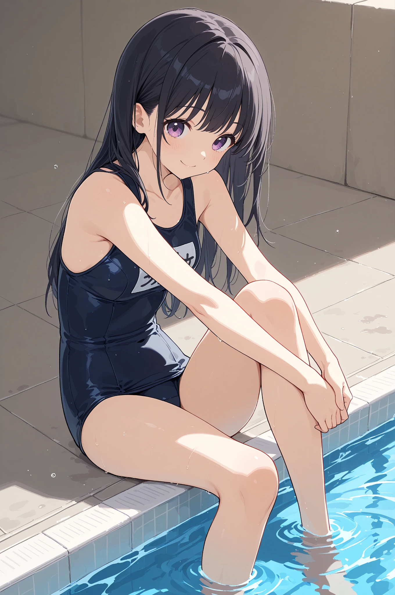ultra-Top-quality by art God, ultra-detailed, high resolution, shinkai makoto style, anime moe artstyle, best anime 8k konachan wallpaper, pixiv contest winner, perfect anatomy, break,(Please draw a picture of a girl in a swimsuit sitting on a bench by the poolside alone.),break, a hyperrealistic school girl, parted lips, (Solo,lolita, ???, 13-year-old:1.3),Full limbs, complete fingers, androgynous charm, very long hair, wet hair, small breasts,slender body, Small butt, groin, Small black eyes,hanme,beautiful detailed eyes, well-proportioned iris and pupils, sleepily, highres detailed hair, swimsuit, wet swimsuit, bare shoulders, thighs, in the school pool. break,super detailed skin, shiny skin, Best lighting powered by famous artist, 8k, illustration,UHD, textured skin,break,((artist:toosaka_asagi )), artist:clamp ,artist:carnelian ,artist:kantoku ,