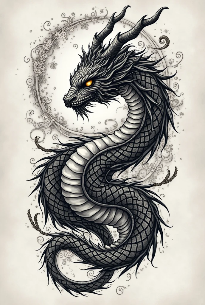 A black and white chinese dragon, aesthetic, travelling
