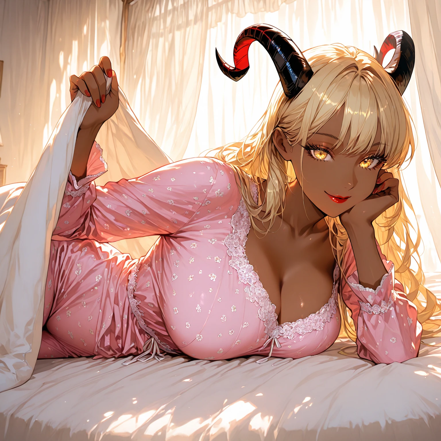 score_9_up, score_8_up, score_7_up, score_6_up, score_5_up, score_4_up, 1 girl, solo, full body, extreme detail, Masterpiece, Best Quality, beautiful, high-res image, rating_explicit, evil smile, demon horns, demon tail, succubus, golden eyes, golden hair, dark skin, Expression horny, wearing black lace nightgown and panties, sitting on the bed facing forward with legs open, drops of sweat, sexy thighs, standing , ancients room, (seductive:1.1), night, moonlight, perfect lighting, perfect hands, perfect fingers, perfect legs, extremely detailed 8k, very delicate and beautiful