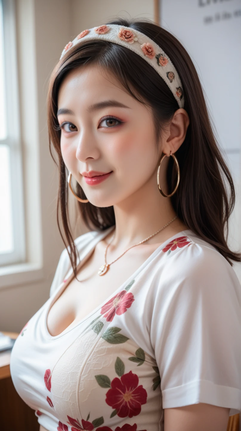 Family restaurant parking lot, full-time housewife, ((full body)), ((photo)), ((best qualtiy, 8K, tmasterpiece:1.3)), Focus:1.2, perfect figure beautiful girl:1.4, 1girl, cowboy shot, look at viewer, incredibly absurd, beautiful and cute girl with a photorealistic face, showcasing top-quality craftsmanship, Japanese woman eating at a family restaurant, 21 years old, medium-long brown hair, parted in the middle with curls at the ends, bangs cut above the eyes, naturally rounded hairline, large chocolate brown eyes, long eyelashes, cherry blossom lips, slightly high nose, oval face, fine skin, plump cheeks, soft chin, gentle smile, glamorous, fair skin, large buttocks, beautiful D-cup breasts, beige dress, pink cardigan, floral scarf, earrings, hair accessory, pretty older woman, beautiful, glamorous, gentle, attentive, passionate, curious, loves to talk, September