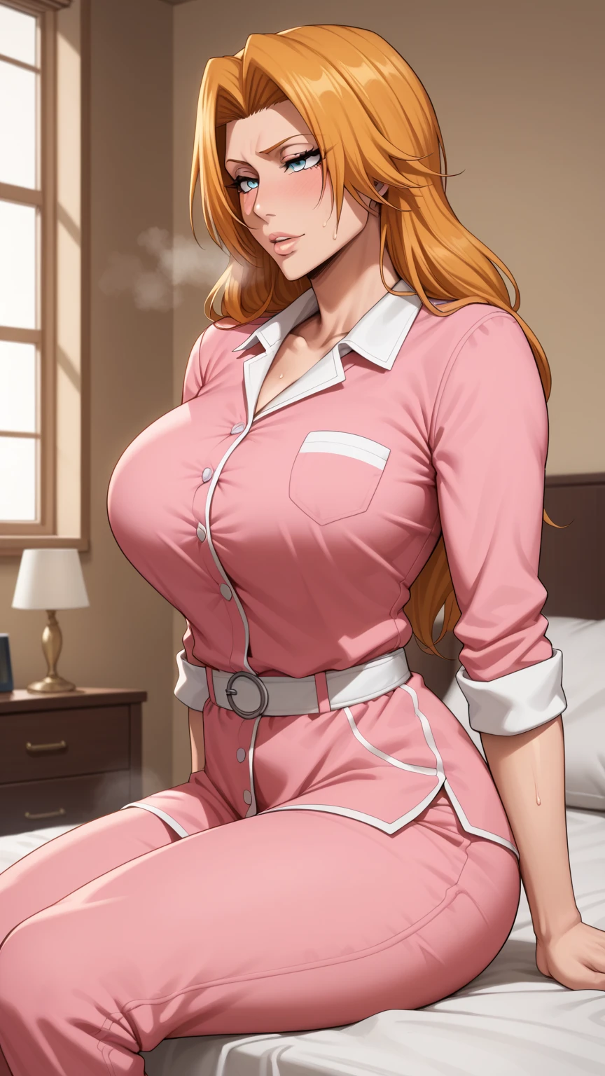MILF BIMBO KNEELING RED short bob haircut hairband female wearing a pink pajamas, video games, pink outfit, tv, fluffy teddy bear toy 🧸 🐻, bed, white pillow, black gazed cross belt blindfold, bodybuilder abs toned, hands inside pockets
