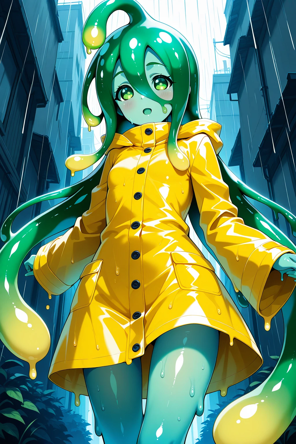 <lora:Suu:1>
anime coloring,city,
raincoat, rubber boots, yellow raincoat, green eyes, solo, tentacle hair, slime girl, boots, monster girl, blue skin, green hair, yellow footwear, colored skin, open mouth, ahoge, long hair, full body, very long hair, blush, smile, looking back,from behind,