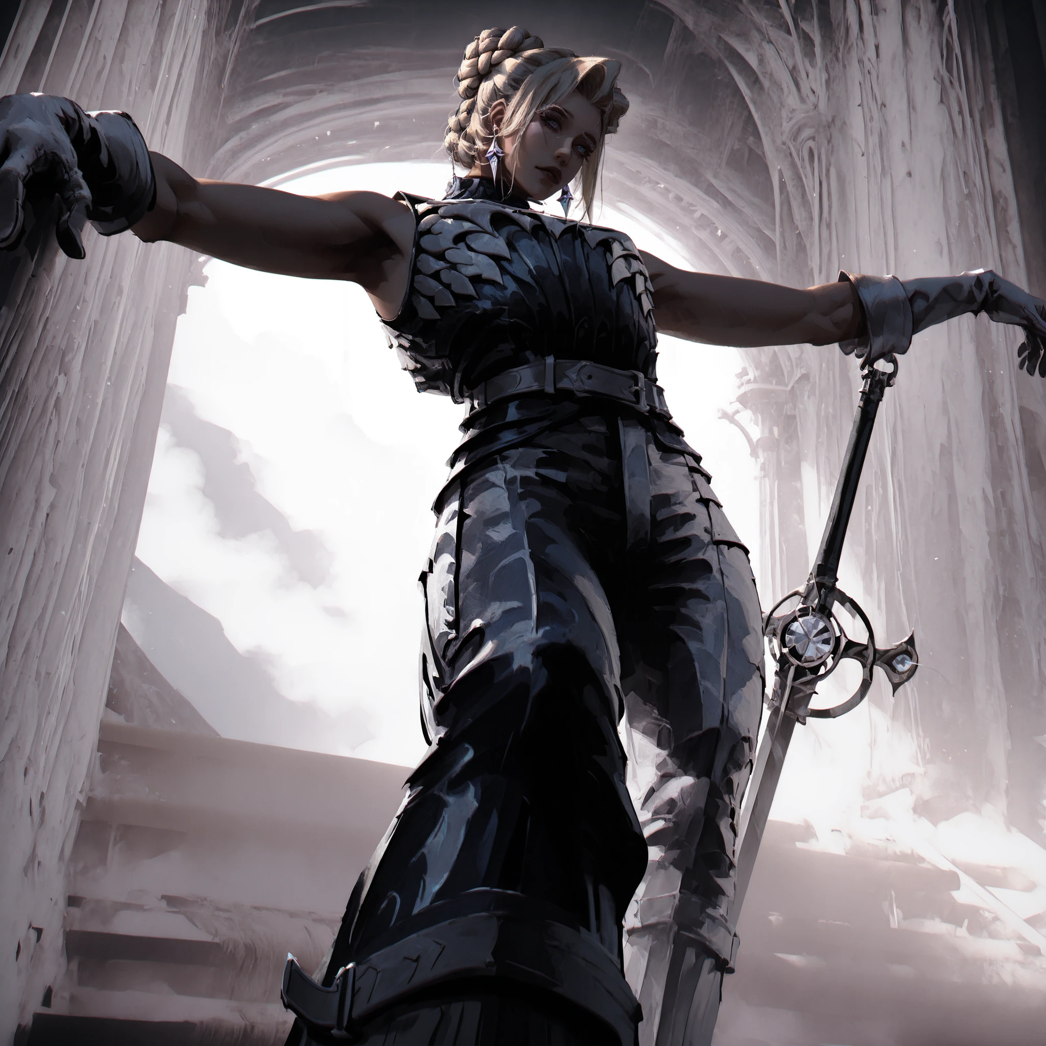 artist: wlop, masterpiece, best quality, illustration,( a young vampire with tan pale skin), medium length blonde hair , sideparted front hair and braided bun, blue eyes, detailed face, wearing form fitting gray and white outfit, wearing leather outfit in gray and white , gray and white gloves, wearing light armor , gray leather boots, gray open sleeveless leather vest , white leather pants, fantasy, perfect anatomy, detailed, lighting, colorful, muscular body, fit body, toned body , ideal ratio body proportions , short , Realistic Shadows, detailed face, detailed eyes, epic, highly detailed, illustration style background, cinematic background, cinematic lighting, detailed eyes, Official Art, face focus, eye focus, high resolution, cinematic, perspective, night , scenery background, pose, 8k, landscape, (official art), （scenography）, （the Extremely Detailed CG Unity 8K Wallpapers）, perfect anatomy, detailxl, SoulFightersStyle-IL.V1.0, SoulFightersStyleSplashArt-IL.V1.0, standing pose, sword with white and gray gemstone on hilt , armored glove, gray white earrings, toned arms, standing, white theme, gray theme, white and gray tones, brown and blue themed background,