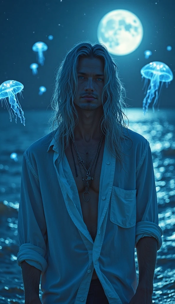 a beautiful man, with medium straight wavy hair, with golden net around the body below with erect penis, and jellyfish