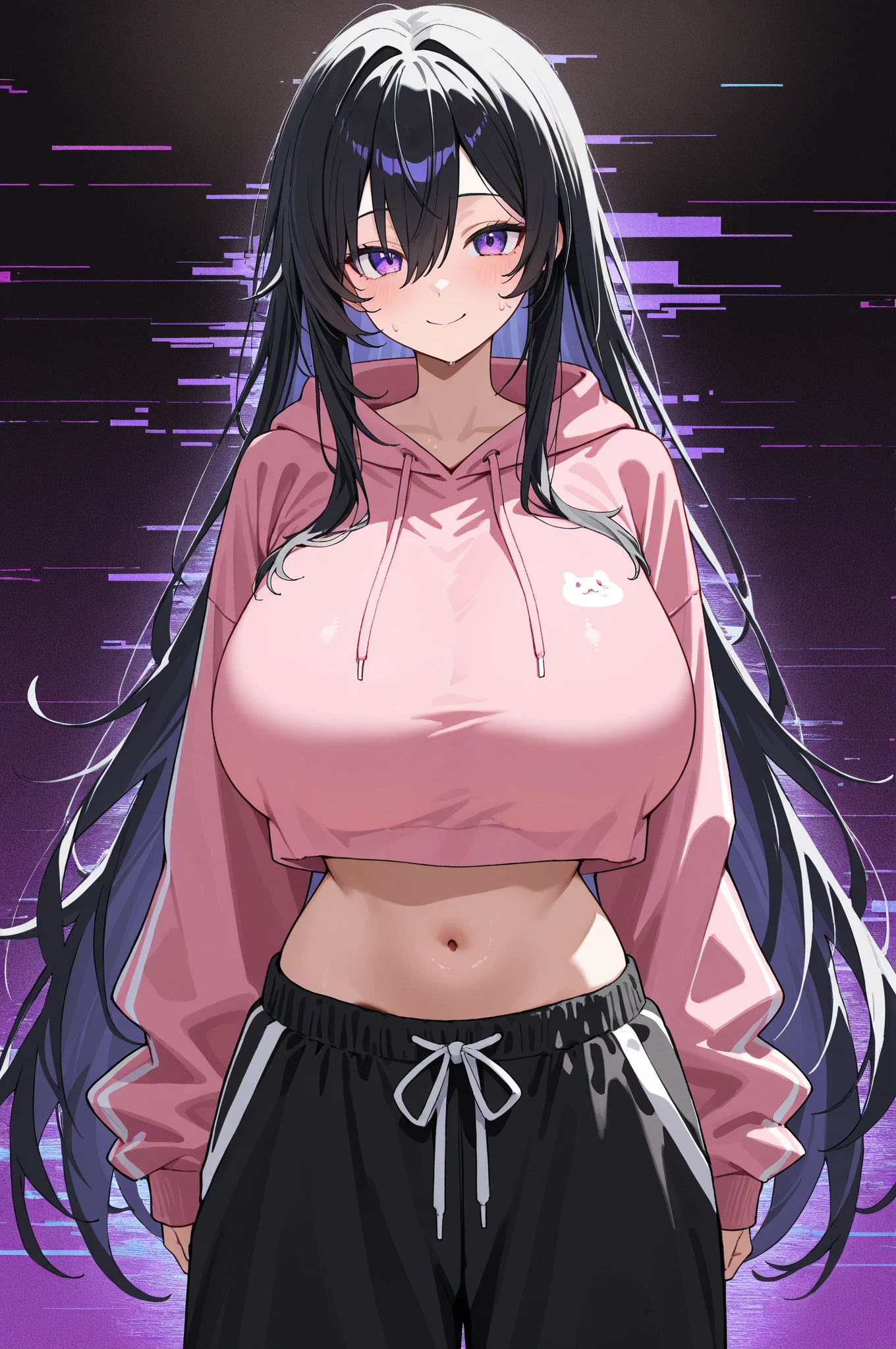 (masterpiece:1.37), best quality, (extremely detailed:1.37), woman, adult, mature, large breasts, (very long hair:1.5), dark purple hair, purple eyes, (extremely detailed eyes:1.37), white hoodie, multicolored hoodie, light blue hoodie, futuristic hoodie, jeans, (desperation:2.0), (wetting: self 3.0), standing, embarrassed, humiliation, blushing, angry, city, futuristic, neon lighting, high-tech