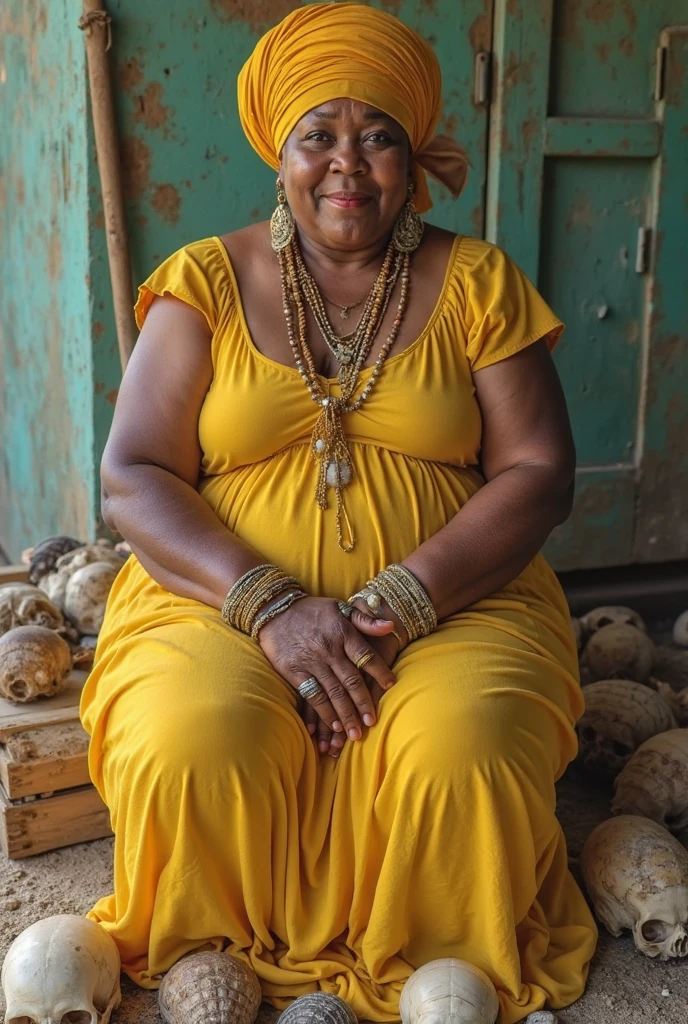 A Cuban woman with WHITE skin, with yellow hair, with African descent, chubby, but let his complexion be white. Between the ages of 40, with a yellow dress, and with his yellow turban, with bracelets and rings, and at his feet some skulls and sea snail shells.