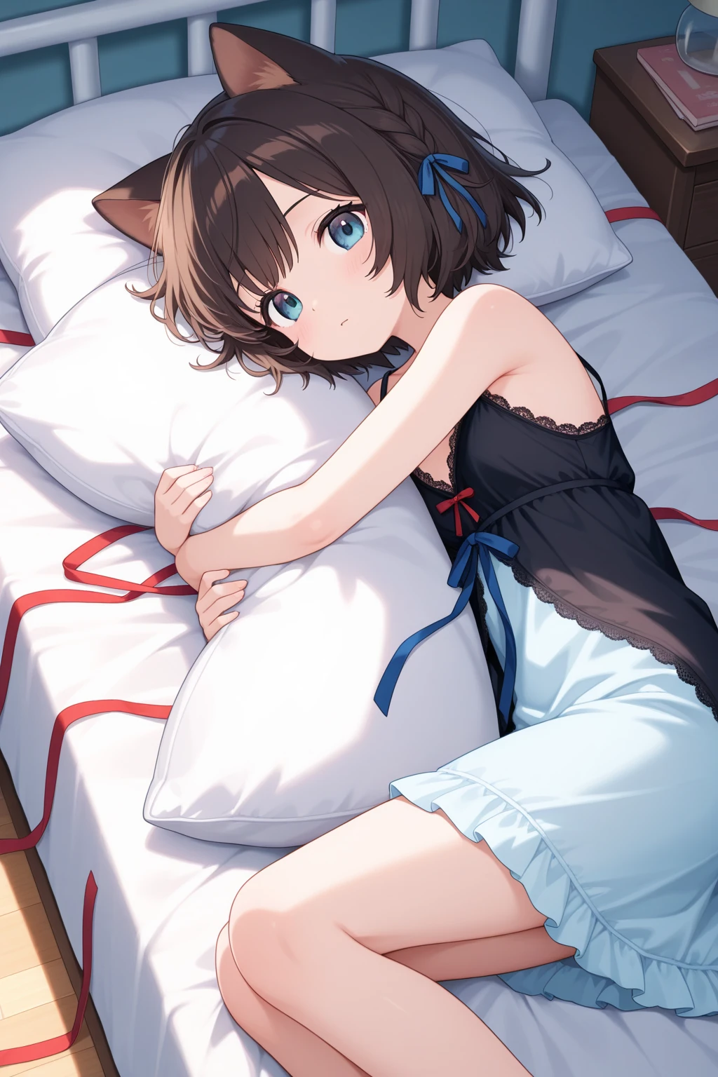 How to sit a girl，Written boundary depth, Delicate eyes, Distinctive nose line，Fine skin、Smooth、Perfect beauty、Small breasts、thin，((Natural style))，Brown Hair、Truly beautiful、Beautiful profile，Perfect Style，((Boyish clothes))，Shortcuts，Western-style room，On the bed，The lighting is dim，My face turned red、((Girly clothes))，