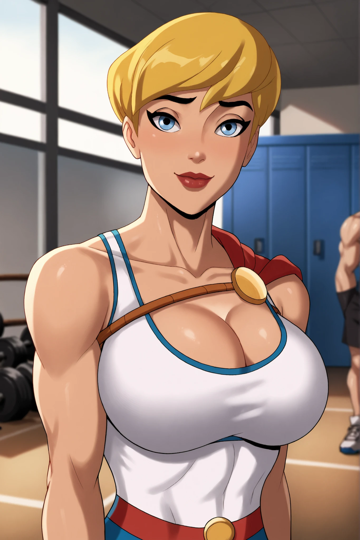 BREAK, score_8_up, score_7_up, score_6_up, score_9, PowerGirlPublicEnemies, 1girl, solo, blonde hair, large breasts, short hair, blue eyes, superhero, lipstick, makeup, dark skin, cleavage, curvy, athletic, looking at viewer, smile, closed mouth, happy expression, bedroom eyes, white racerback sports bra, white workout shorts, bare shoulders, standing, indoors, workout room, closeup, portrait, upper body