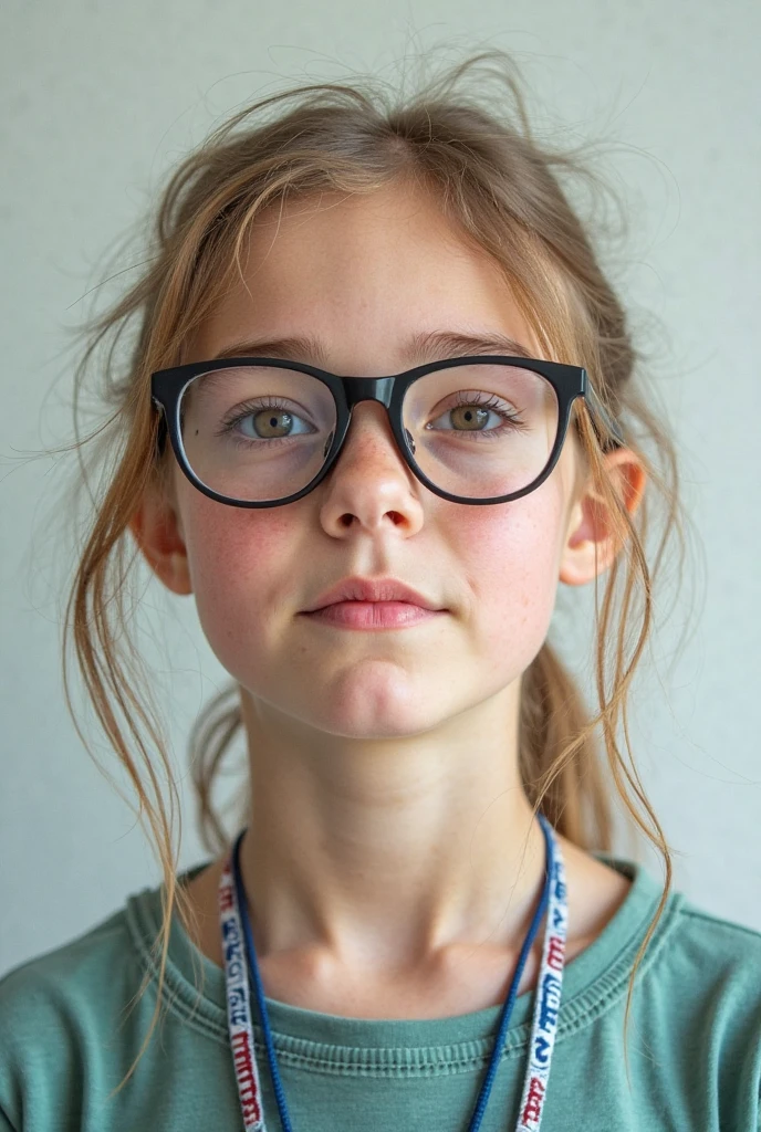 GIRLS Russian children with 10 years, loiro cabelos compridos, PORTRAIT, OCULOS ESCUROS, JAQUETA DE COURO PRETA E ROUPA PRETA, FUNDO AMARELO.