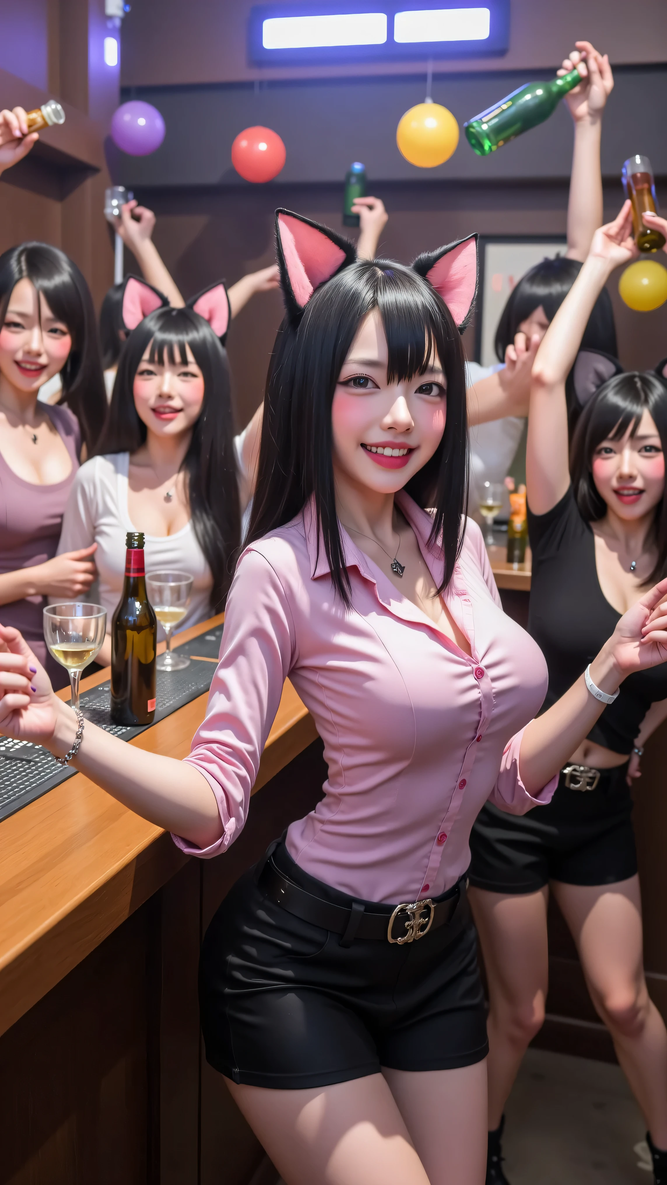 Multiple cheerful anime neko girls behind the bar, tossing bottles, pouring drinks, and dancing to upbeat music. Colorful lights flash across the room. Patrons (maybe also cat-themed) are laughing, and the whole space feels like a cat-themed celebration.