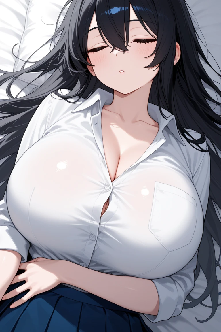 (masterpiece,best quality,ultra_detailed,highres,absurdres) solo, female focus, mysterious, Extremely gorgeous, 1 mature anime female, 25-ish, long black sleek hair, flat bangs, green highlight, floating hair, sidelocks, beautiful detailed Glass hair, delicate beautiful face, (smirk smile), Iridescence silver eyes (detailed eyes), closed_mouth, Delicate arms and hands, (((big_breasts))), (((massive breasts))), (((round breasts))), (Silver eyes), white skin, delicate metal decorations, earrings, Beautifully gorgeous necklace, flowing lace, surreal, intricate light, Flying green petals, lens flare, absurdres, highres, very fine 8KCG wallpapers, simple background, ((close-up shot)), (((modern clothes))) (vest, looking at viewer, collared shirt, long sleeves, white shirt, black vest, earings).