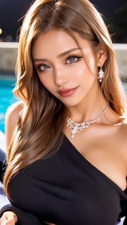 Urban beautiful girl college student, masterpiece, light makeup, red lips, silver hair, messy long hair, street background, beautiful, elegant. super fine details, master works, authentic texture, cinematic lighting realism, perfect job, 16K, hd, exquisite features,blue eyes、japanese idol、Beautiful Face、cute smile、brown hair、beautiful hair、ponytail、glamorous、 big breasts、erect nipples、Oily muscle、shiny skin、tanned skin、Black glowing skin、Wearing a bra top and thong, bright big eyes, smooth skin, earrings, necklace, tattoo, naked portrait, nude photography, shiny nipple, show armpit