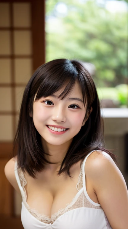 masterpiece,best quality,(Japanese girl),((Beautiful girl)),cleavage,indoor,(perfect body beauty:1.2),(shy smile),beautiful teeth,