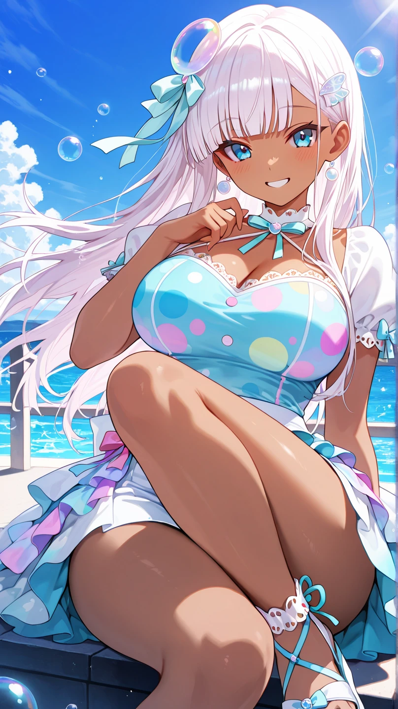 masterpiece, best quality, absurdres, perfect anatomy, 1girl, solo, off-shoulder bikini, one-piece swimsuit, standing, cowboy shot, beach scene, smile, Fujido Oriko, blue eyes, cowboy shot, drill hair, fang, large breasts, long hair, purple hair, white hair, 1girl, masterpiece, best quality, highly detailed