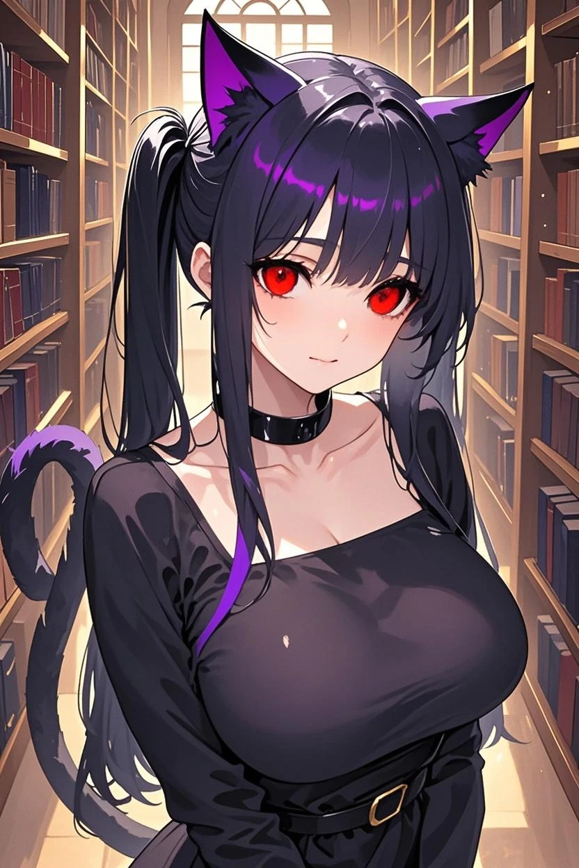 ((best quality)), ((masterpiece)), (detailed), ((highres)), In lavish manor library,  extremely long black hair. Fluffy black cat ears. Long black cat tail on butt, 1catgirl, 20 year old, curvy body, dominant pose, snickering, naked. Heterochromatic eyes, one red eye, one gold eye. No shoes, black fishnets, nude, no clothes, anime, short, provocative 
