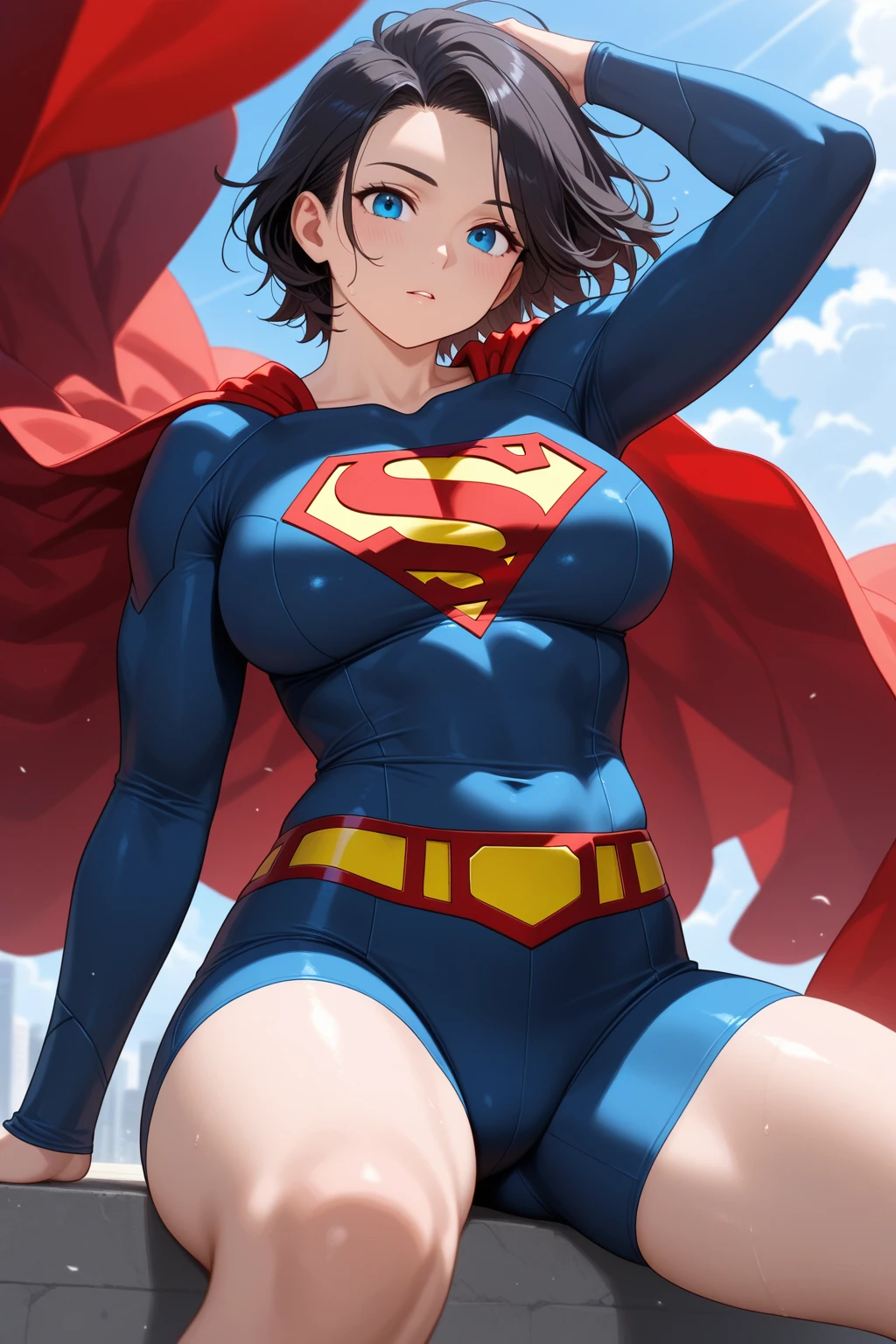 xianghua, supes, 1girl, anatomy perfect, body perfect, sensual slender body, small breast, body complete, sexy pose, soft white skin asian, short hair, hair brown, eyes brown, beautiful eyes, incredible eyes detailed, beautiful girl, blowing girl, sexy girl, asian girl cute, outfit supergirl, bodysuit supergirl, headband, fly girl, background beautiful sky and sun, face full detailed, Best Quality, (Quality full 8k)