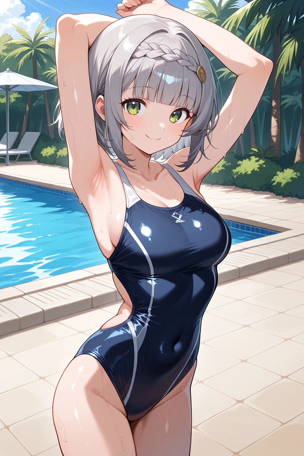 shiroko (swimsuit) (blue archive), shiroko (blue archive), 1girl, solo, breasts, showing breast,nipple,looking at viewer, blush, bangs, blue eyes, large breasts, hair ornament, animal ears, cleavage, bare shoulders, closed mouth, standing, collarbone, swimsuit, grey hair, sidelocks, thighs, cowboy shot, outdoors, sky, day, cloud, medium hair, water, arm up, official alternate costume, blue sky, wet, animal ear fluff, one-piece swimsuit, bare arms, covered navel, bird, highleg, halo, wolf ears, bright pupils, extra ears, wading, arm behind head, competition swimsuit, black one-piece swimsuit, taut clothes, highleg swimsuit, pool, poolside, cross hair ornament, wet swimsuit, two-tone swimsuit, pool ladder, mismatched pupils