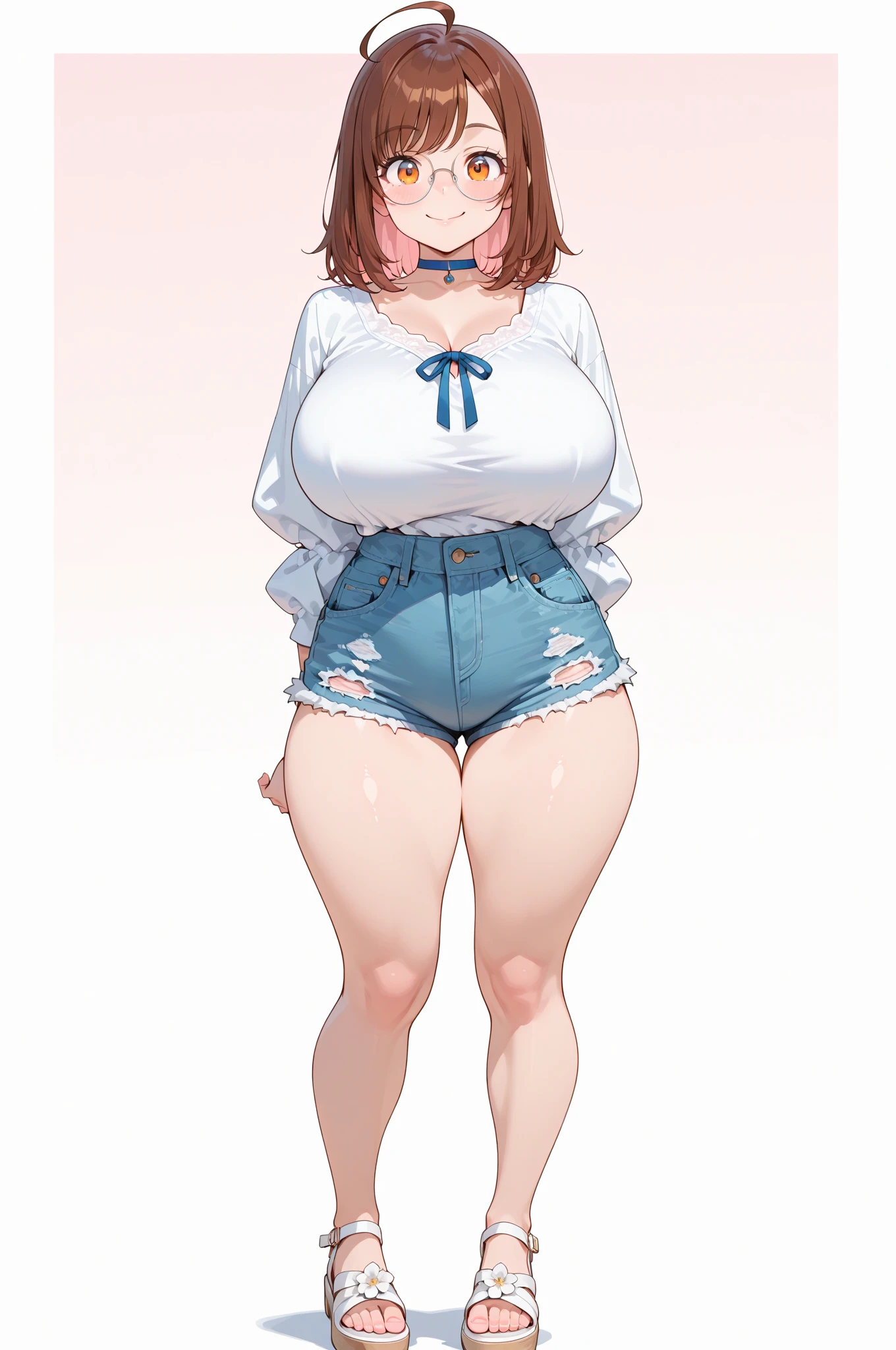 Female 26 years old，housewife，Outside on the street，Sunlight，Smile，put on lipstick，Light brown curly hair，A bun on the head，White short sleeve，Denim shorts，plump figure