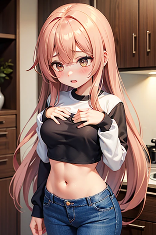 2D, muste piece, highest quality, anime, high details, 1girl in, solo, cowboy shot, Itsuki Nakano, Red hair, long hair, star hair ornament, Ahoge, crop top, middle breast, Medium chest、《全naked、naked、tits、nipple、pubic hair,》 clavicle、medium breasts、smile、Bedroom、sit、peace sign、blush