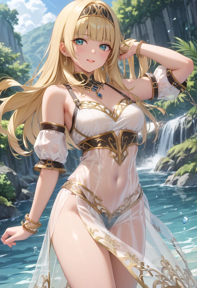 chubby girl, blonde, green eyes, medium length hair,open forehead, no bangs, square-rimmed black glasses,medium breasts, large hips
Greek style of clothing, ancient Greece, sexy, open hips
water, lake, waterfall