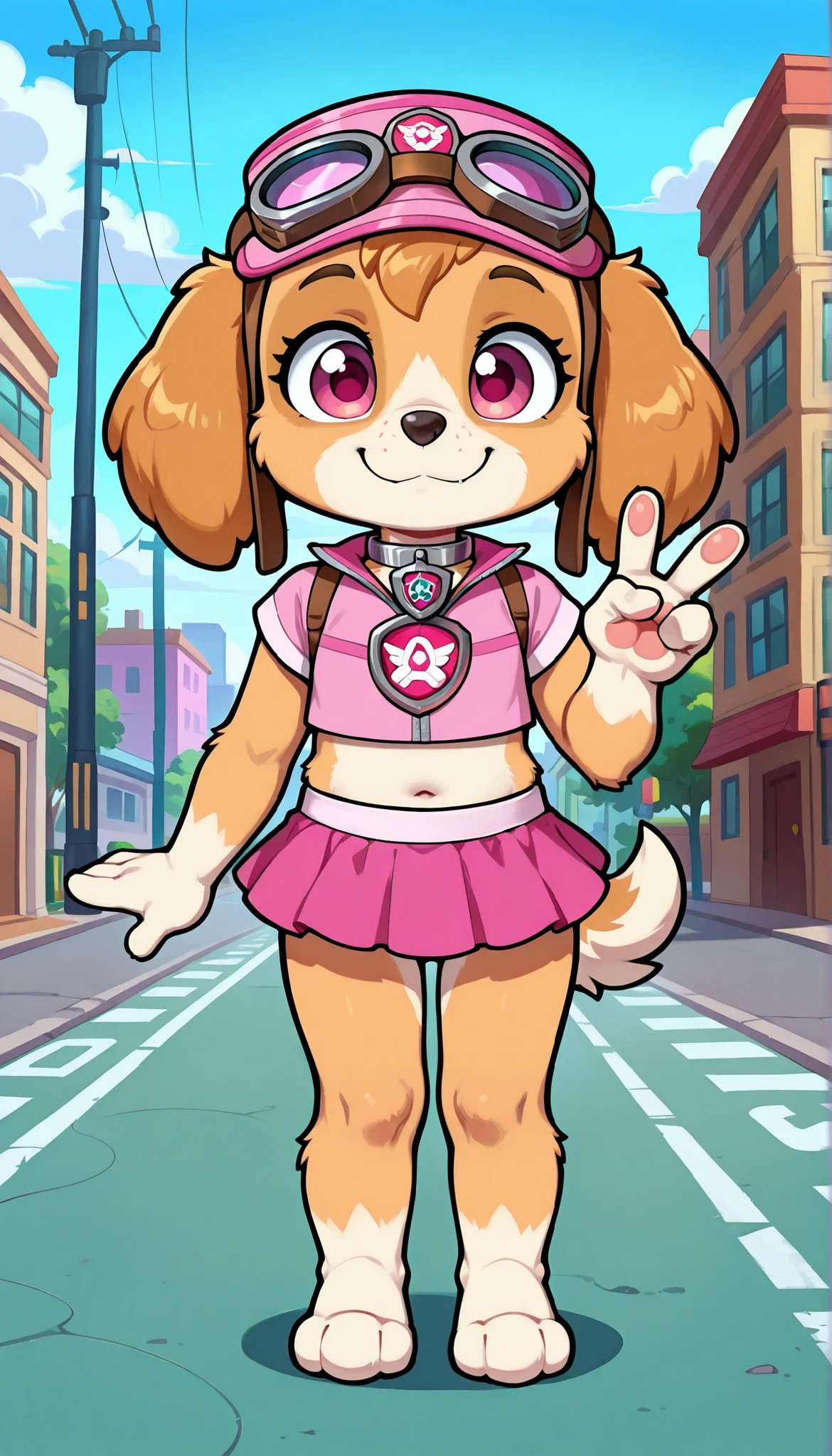 score_9, score_8_up, score_8, 1girl, source_cartoon, source_furry, skyepp, dog, furry, toddler, skye, paw patrol, cute face, 4 fingers, v, standing, ((goggles, pink pilot hat, Skye collar, pink top, midriff, pink mini skirt)), street on background, confident face, skinny, thin body, full body, feets with three toes, :3, smile,