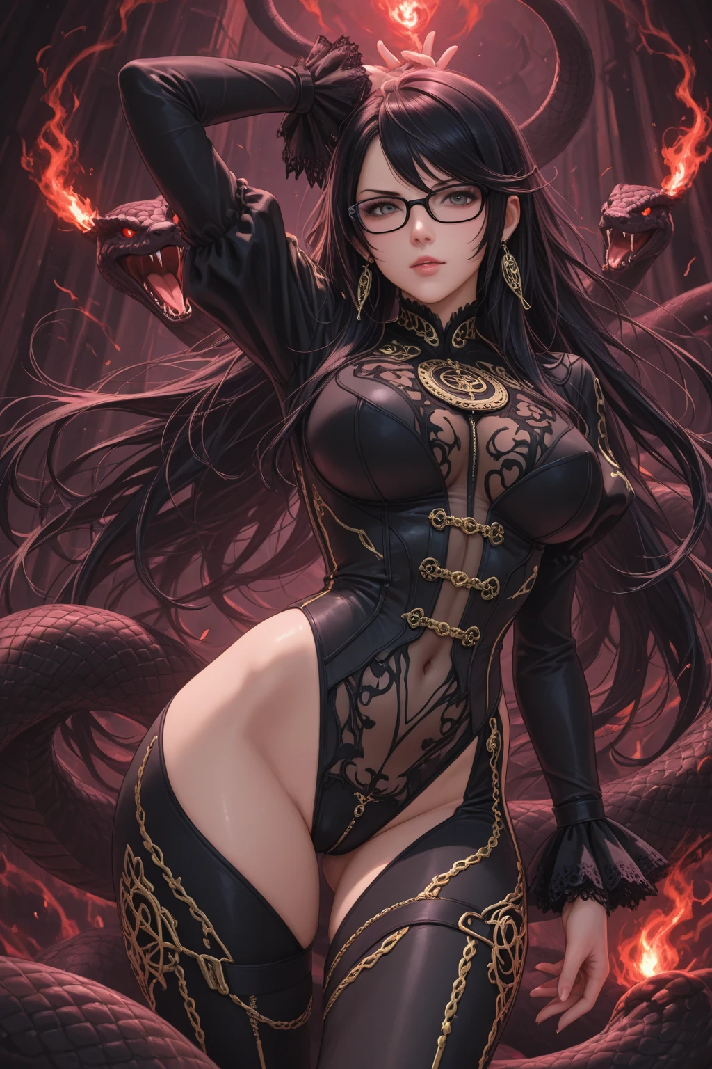 Fine、(The best illustrations)、8k UHD resolution、intricate-detail、top-quality、realisitic、ultra-detailliert、The best lighting、Best Shadows、Soft lighting、Ulutra HD、Ultra-realistic、Tindall Effect、Photorealsitic、(High Detail Skins:1.2)、 (Intricate details, makeup, pureerosface_v1:0.5), (Detailed beautiful delicate face, Detailed beautiful delicate eyes, A perfectly proportioned face, High detailed skin, Detailed skin, best ratio four finger and one thumb, arms below breasts, Tattoo with a red glow under the stomach、Awesome awesome, wide hips, smooth midriff, skiny and thin, __Fashion__, __hair__:1.25)、Digital SLR、 absurderes、1 beautiful devil woman from hell, surreal female portraits by David Hockney and Alphonse Mucha, Portrait of a seductive woman、Fantasy Art, Chinese Doll、Chinese actress、Dungeon、The dragon、Devil's Palace、Devil's Torture Chamber、natta、Dark style 、In the Dark、(Detailed spooky backgrounds:0.8), magia、 女の子1人、Evil Nun、Dark Necromancer、Succubus、Devil's Daughter、Umi Shinonome、Bat Wings,(((Demon Horns)))、 ((((Huge glasses, Otaku Glasses, thick glasses, Round glasses)))),(((Colossal tits)))、(Devil's Tail)、(red eyes glowing:1.6)、red eyes make up very sharp and detailed, The eyes are very well made up, ((Red Eye:1.0)),intricate tattoos, demonic intricate tattoos, thigh tattoos, body tattoos, masterpiece、The most beautiful face、a baby face、Charming smile、plump beautiful red lips、Muscular seductive body、The enchanting body of the devil、devil style、Seductive Black Magic Costume、(((A shiny red snake is wrapped around her body)))、The long-haired、Braids、Black hair、Ponytail distortion、, Ponytail with a bow tied at the back of the hair, Beautiful expression、Body Up、Large breasts emphasis、Bust, Super tight breasts, Breast augmentation surgery, The breasts are very big and round and round,Toned waist、Wide buttocks、 lowkey, cowboy lens, (Black Phoenix Dress: 1.0), devil crown, Red sparkling gemstone necklace、Jewelry Gwise, wearing black mesh socks,wearing a thin red a